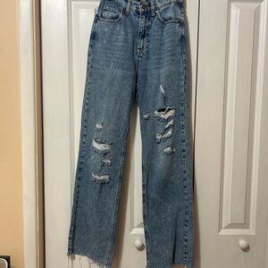 Distressed High-waisted Straight Blue Jeans